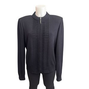 St. John Collection Santana Knit Full Zip Sweater Pleated Front Wool Vintage 12‎